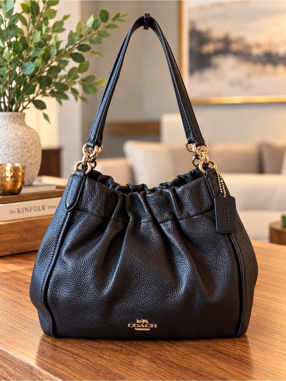 Coach Maya Shoulder Bag in Black Pebbled Leather Gold Tone Hardware